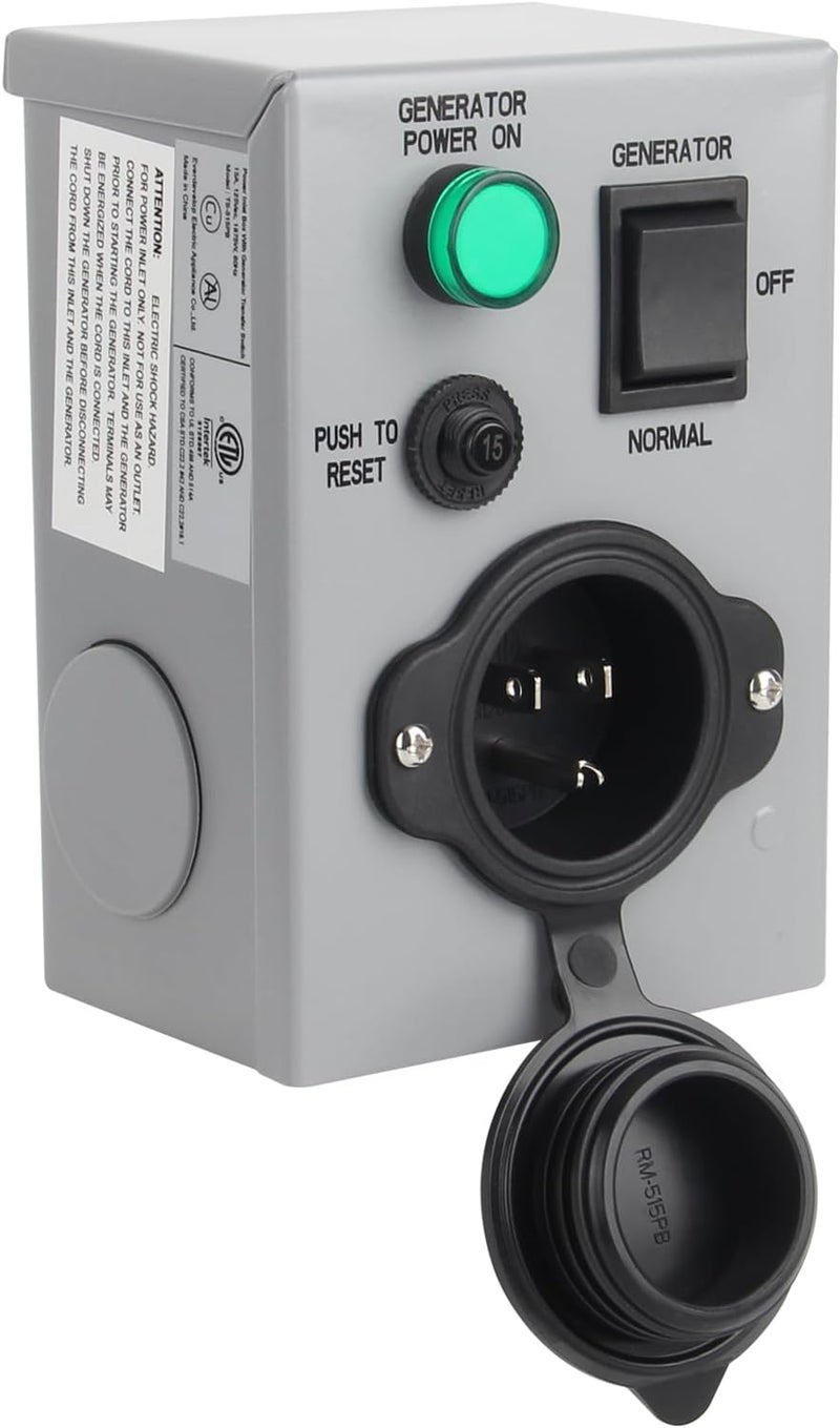 OPL5 15A Manual Generator Transfer Switch, Pre Punched Knockouts,125V Weatherproof NEMA 5-15P Inlet Circuit Breaker for Generators Indoor and Outdoor Use, ETL Listed - Image 1